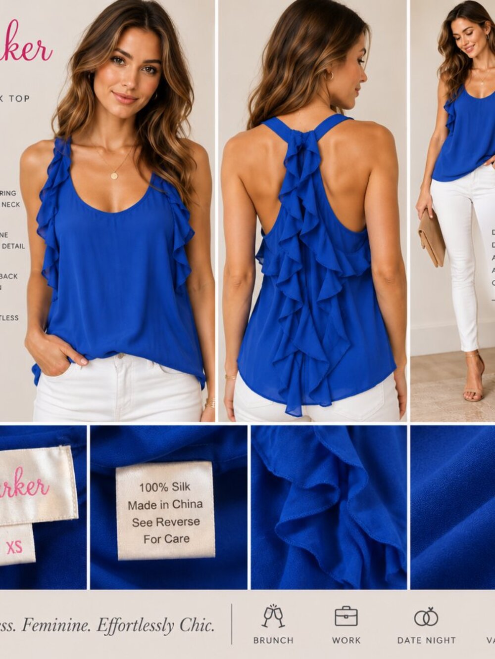 Parker 100% Silk Cobalt Blue Ruffle Racerback Tank Top XS
